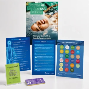 8 LPM O24U marketing kit: poster, Benefits and Facts displays, Oxy/Aroma menu, tabletop sign and gift cards